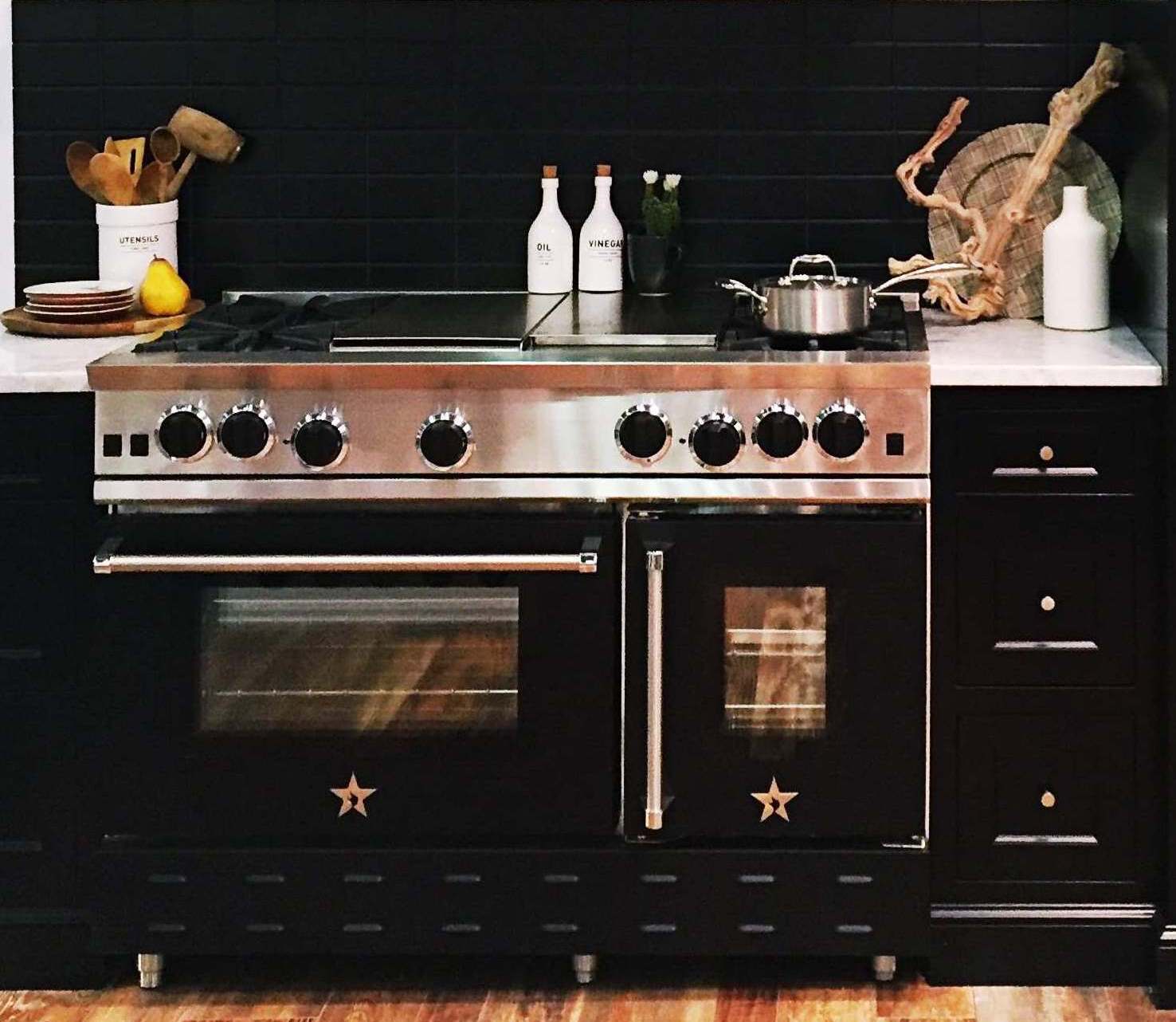 BlueStar 48″ RNB Gas Range in Matte Black with a Right Side Swing Door