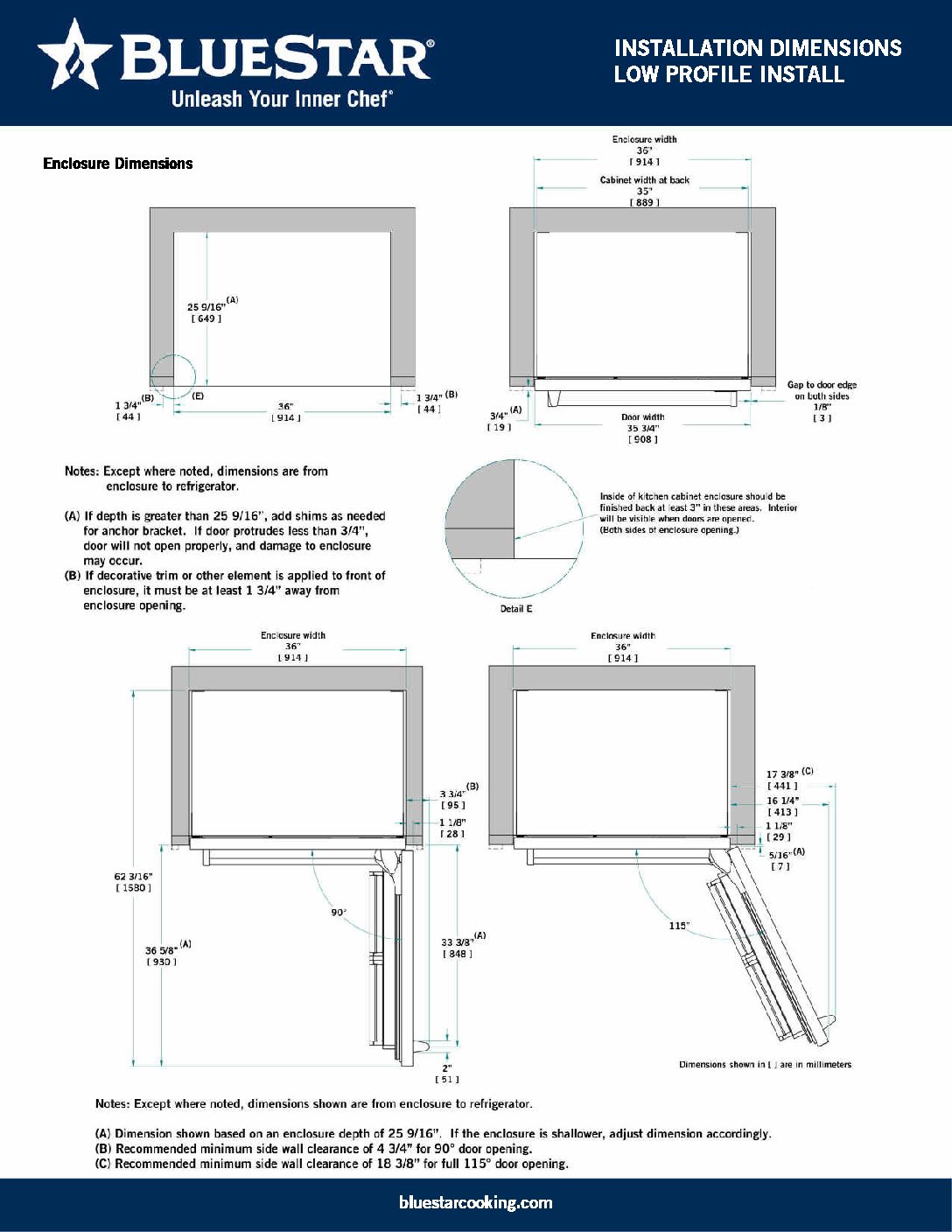 Low Profile Installation Dimensions for BlueStar 36inch Refrigerator