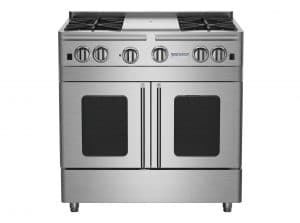 36-inch Precious Metals Freestanding Range with 12-inch French Top from BlueStar
