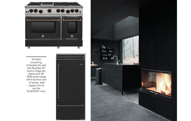 The all black kitchen is a classic power look matched only by BlueStar's powerful range of appliances. 