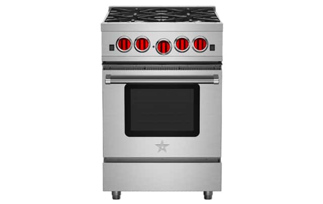 A 24-inch Sealed Burner range from BlueStar customized with colored knobs