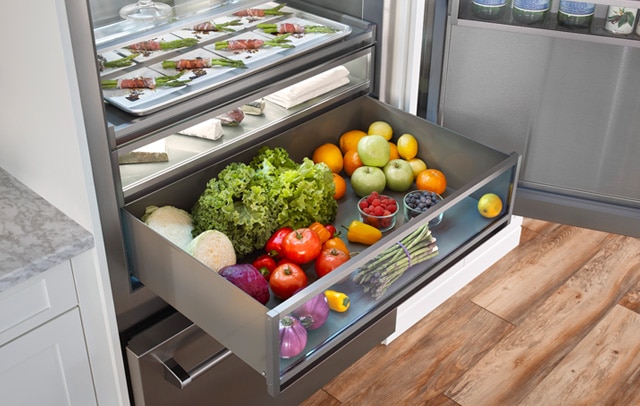 Full width stainless steel drawers on the 36-inch Built-in Refrigerator from BlueStar