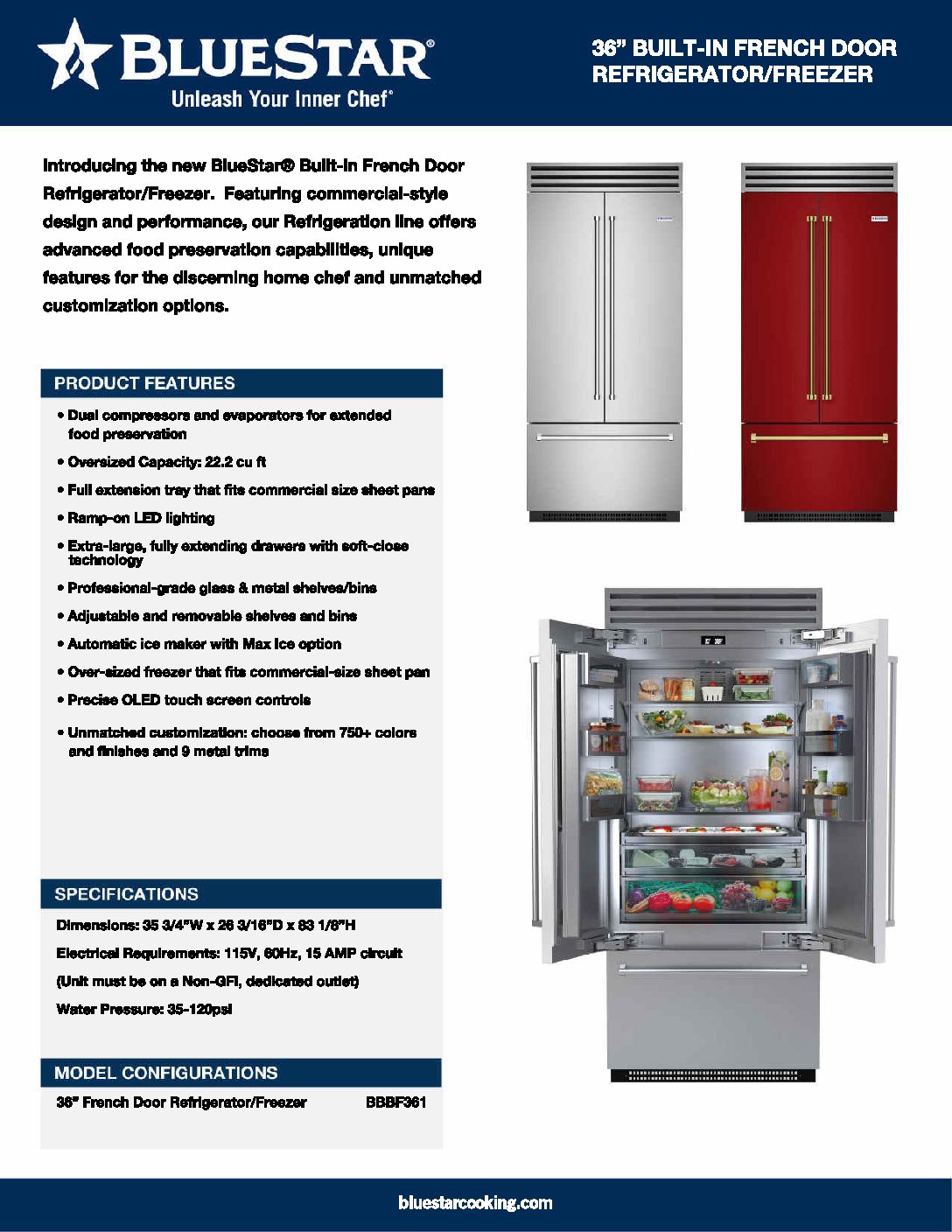 Product specifications for 36inch Builtin French Door Refrigerator