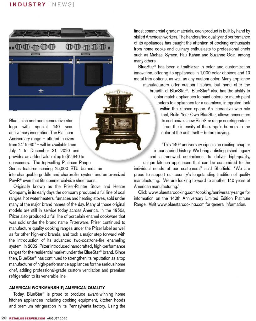 BlueStar 140th anniversary featured in the August 2020 Edition of The Retail Observer