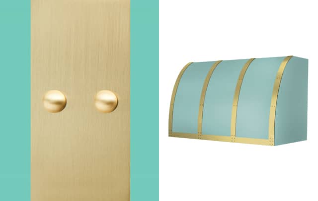 Brushed Brass strapping on Light Aqua Green and an Atlas Series Ventilation Hood from BlueStar