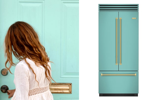 Designer Kim Lewis and a 36-inch Built-in Refrigerator in Light Aqua Green from BlueStar