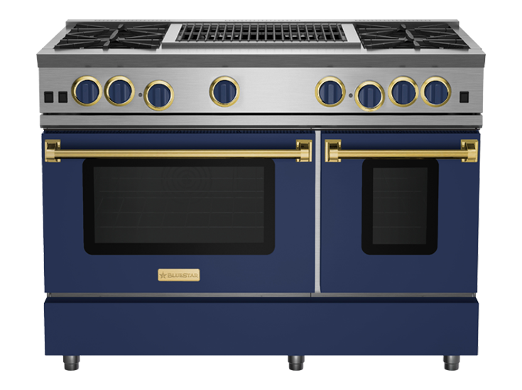 Colors And Textures 48-inch Platinum Series Range in Cobalt Blue with Brushed Brass Trim from BlueStar