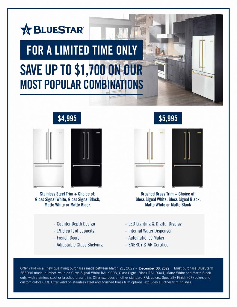 BlueStar's Painted Counter-depth Refrigerator Promotion has been extended to December 30, 2022