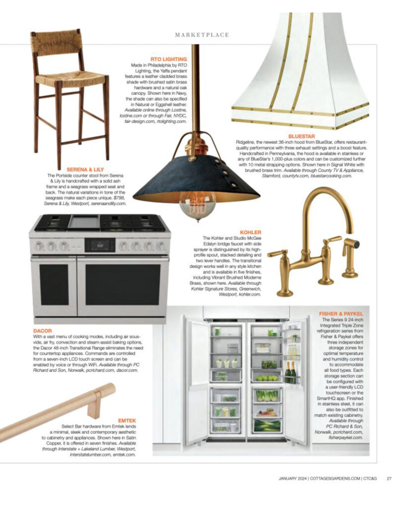 BlueStar Ridgeline vent hood featured in the January 2024 issue of Connecticut Cottages and Gardens